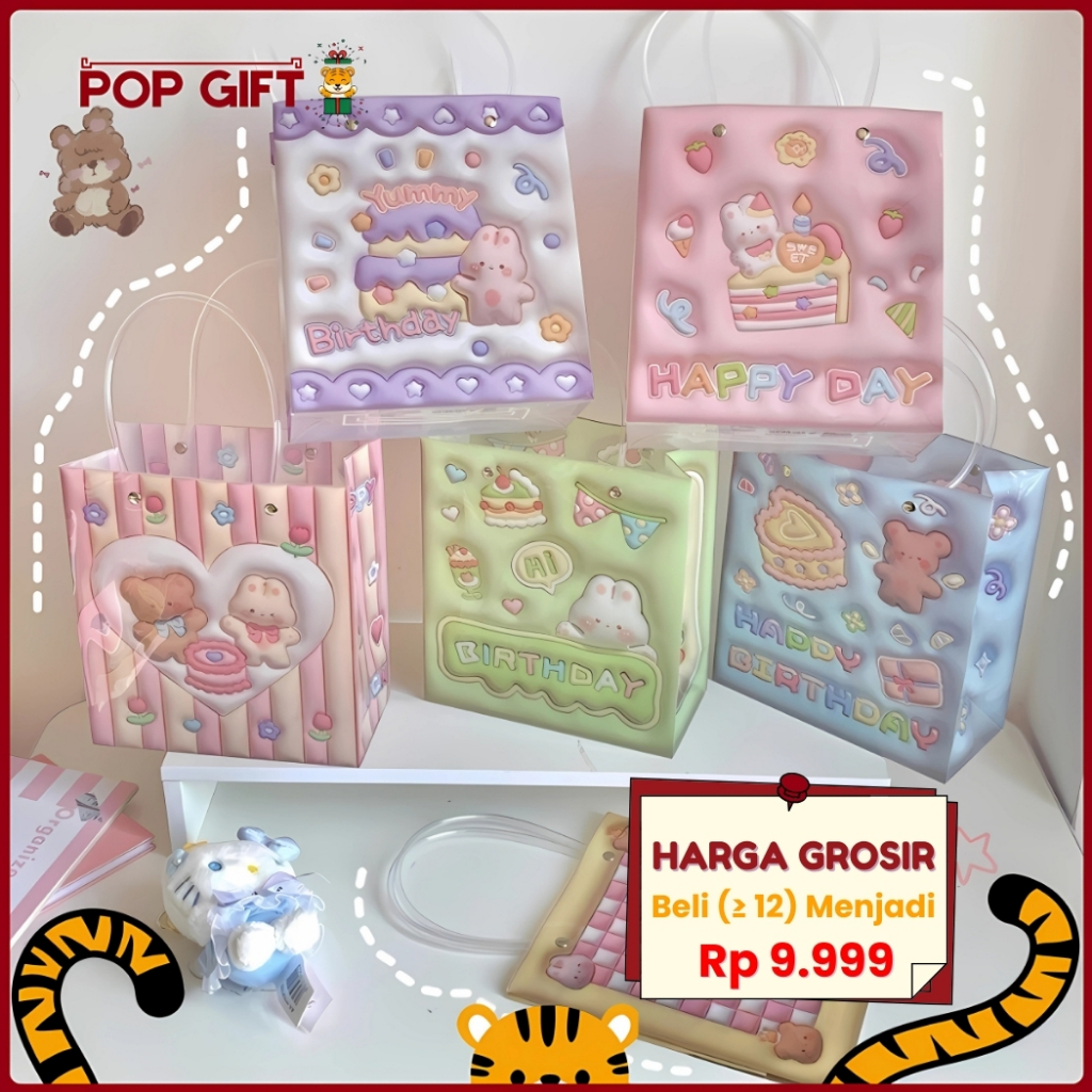 

PG Plastik Bag Tote Bag Tahan Air Tas Kado Hadiah Ulang Tahun Kartun Bear Paper Bag Aesthetic ST02