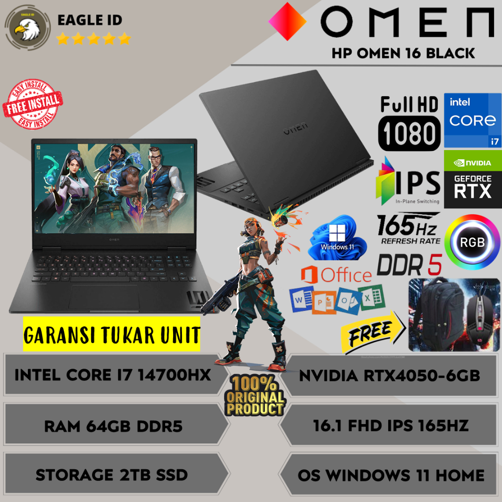 Laptop Gaming HP OMEN 16 Core i7 14700HX Ram 64GB DDR5 2TB SSD 16.1 FHD IPS 165Hz RTX4050 Windows 11