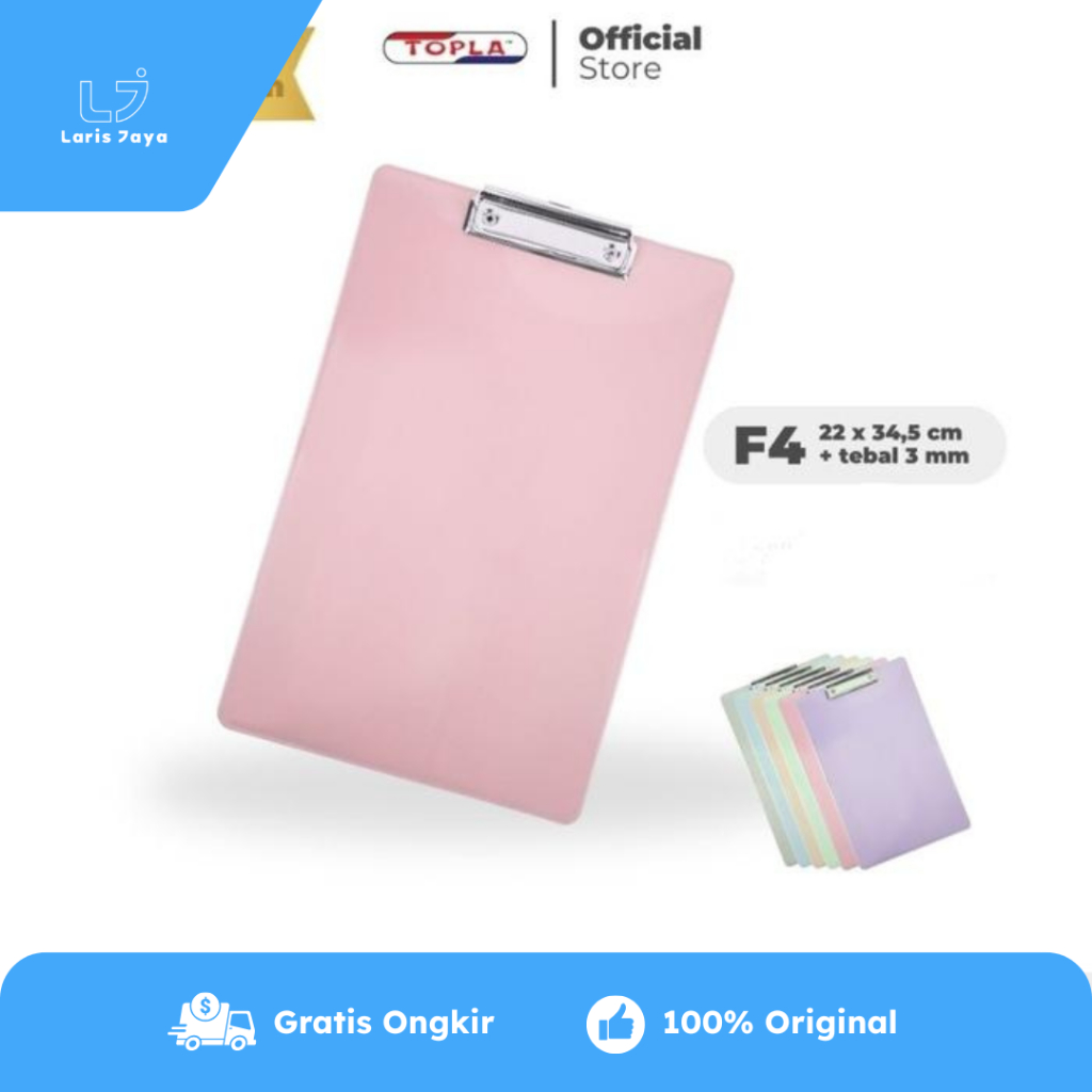 

1 LSN / 12 Pcs Clipboard Topla 709 Pastel F4 FC ( 22cm x 34,5cm ) Papan Jalan Ujian