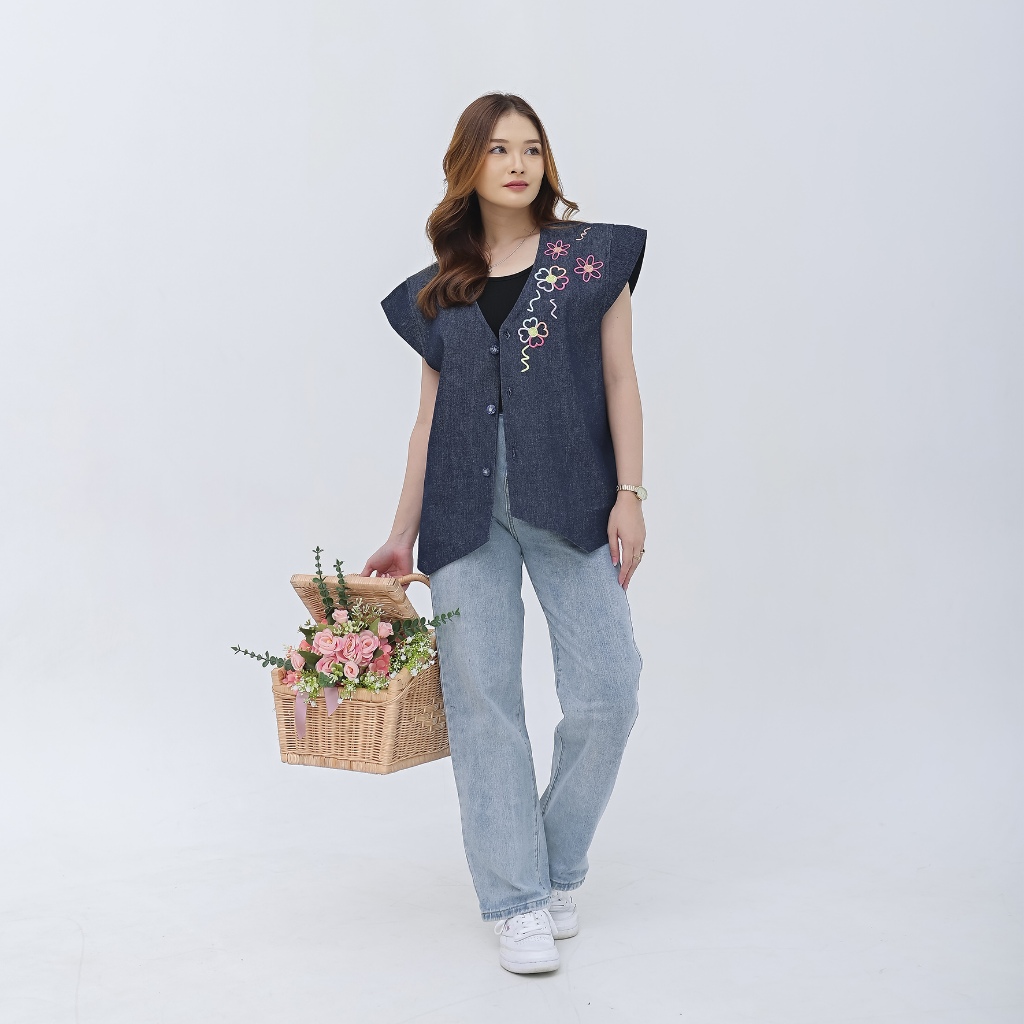 Linka Vest Denim Embroidery Rompi Wanita Outer Rompi Denim Casual Vest Denim Bordir
