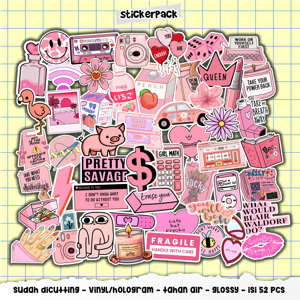 

stickerpack isi 52pcs stiker, aesthetic part 1 size M, vinyl & hologram tahan air