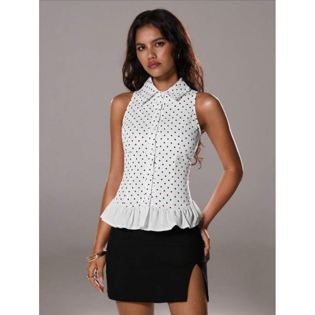 Blouse Polkadot Ruffle |  Tanpa Lengan Polkadot Kerah Lipit ( AE 51 )