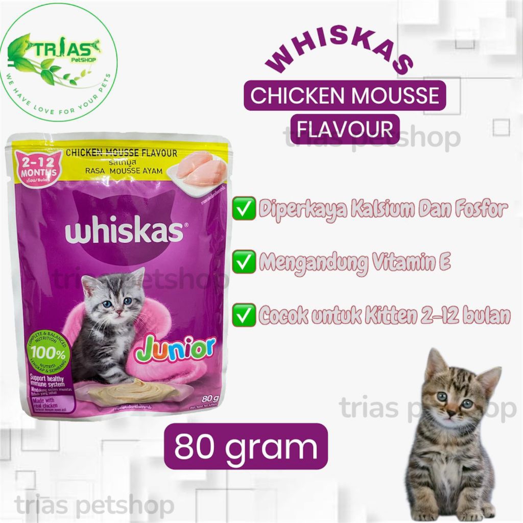 Whiskas Junior Rasa Ayam 80gram/Whiskas Kitten 2-12 Bulan/Makanan Kucing Whiskas Junior Sachet/Whisk