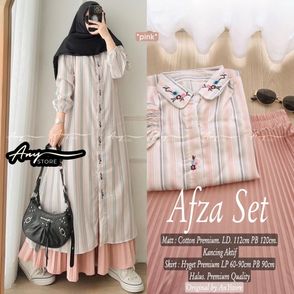 100% ORI afza set tunik katun rok plisket by any - nindy jumbo set tunik by alila