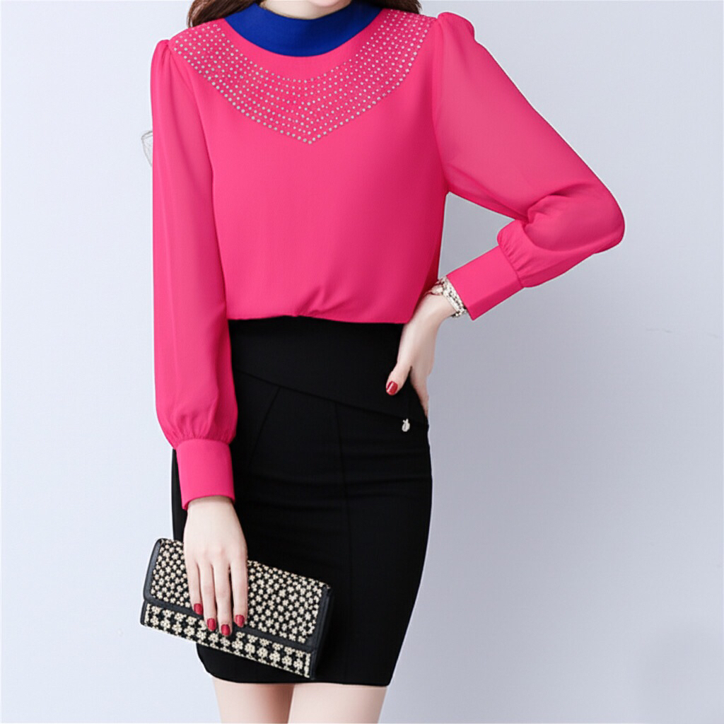 Blouse Fuchsia Biru New Preloved | Bold Color Block Studded Top