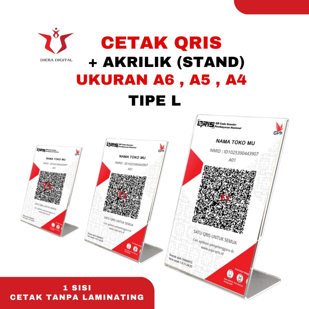 

PROMO CETAK Qris| QRIS BAYAR + Akrilik A6,A5 & A4 Type L ( bisa request selain qris (DieraDigital)
