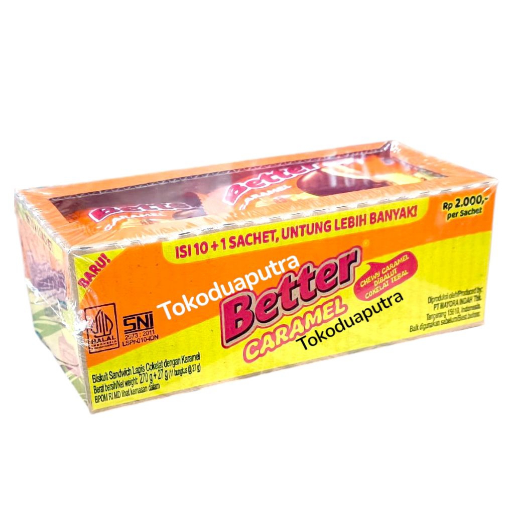 

Better Caramel Sachet 1 Box isi 10+1 @27gr /biskuit Better Sandwich Lapis Cokelat dengan Karamel 27 Gr