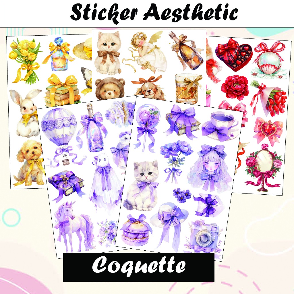 

Sticker Aesthetic A6 Coquette Part B Vintage Waterproof sticker tema warna Ungu Kuning Coklat Merah stiker estetik anti air pack glossy Vintage jurnal color Deco Korea kawai lucu simple red purple yellow brown