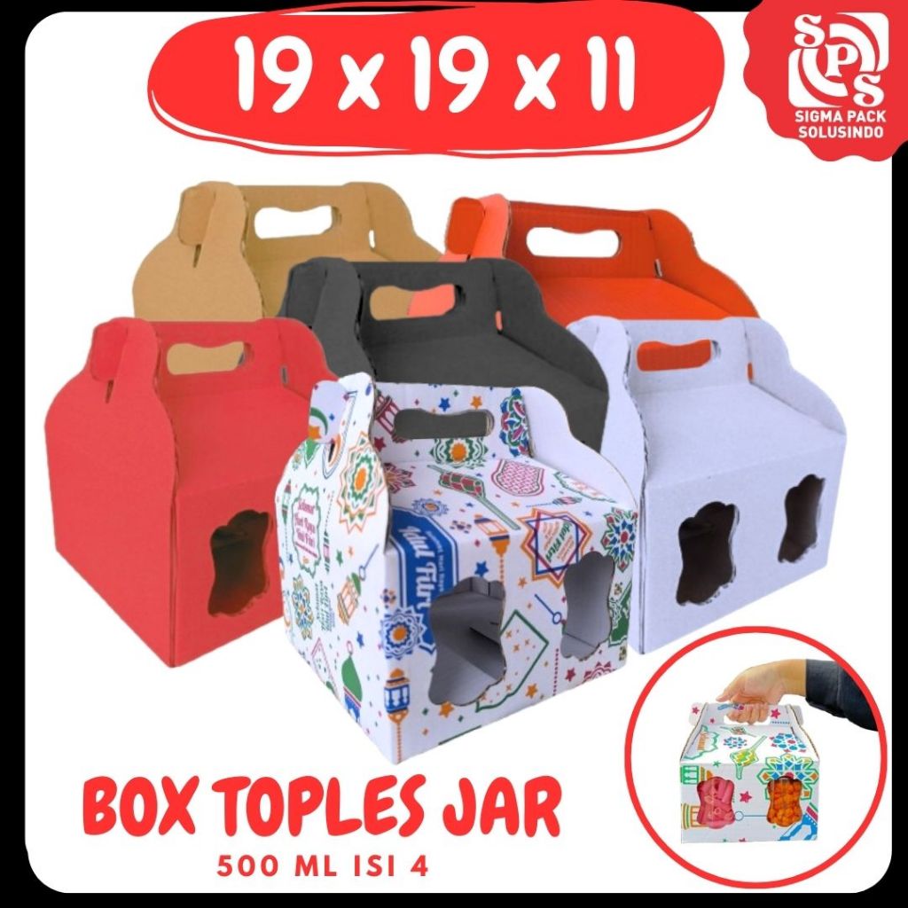 

Box 19x19x11 Jinjing (KUKER TOPLES JAR 500 ml Isi 4) Gable Box Kardus Kue Kering/Idul Fitri Lebaran