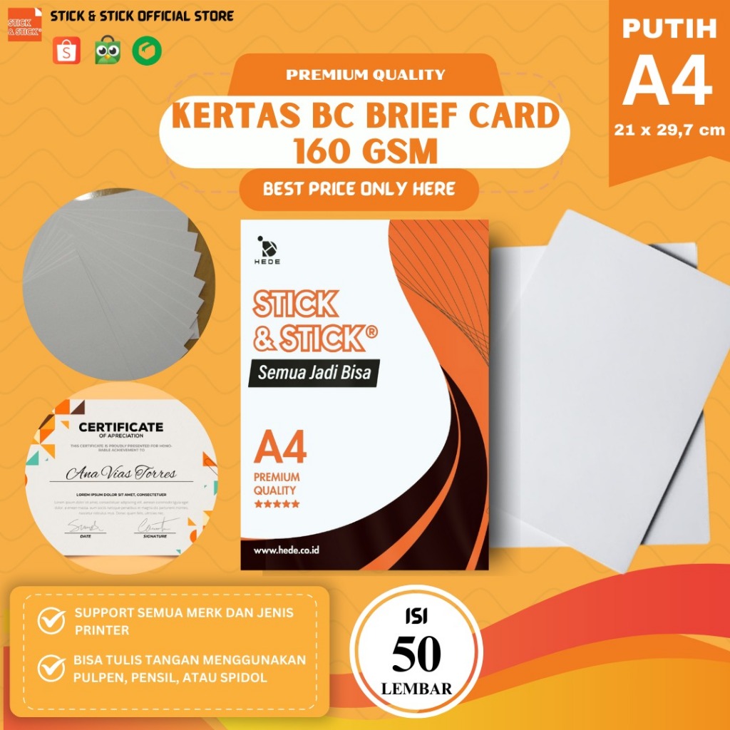 

Brief Card (BC) 160 gram A4 isi 50 lembar / Kertas Undangan, Sertifikat, Kertas Buku Gambar Premium