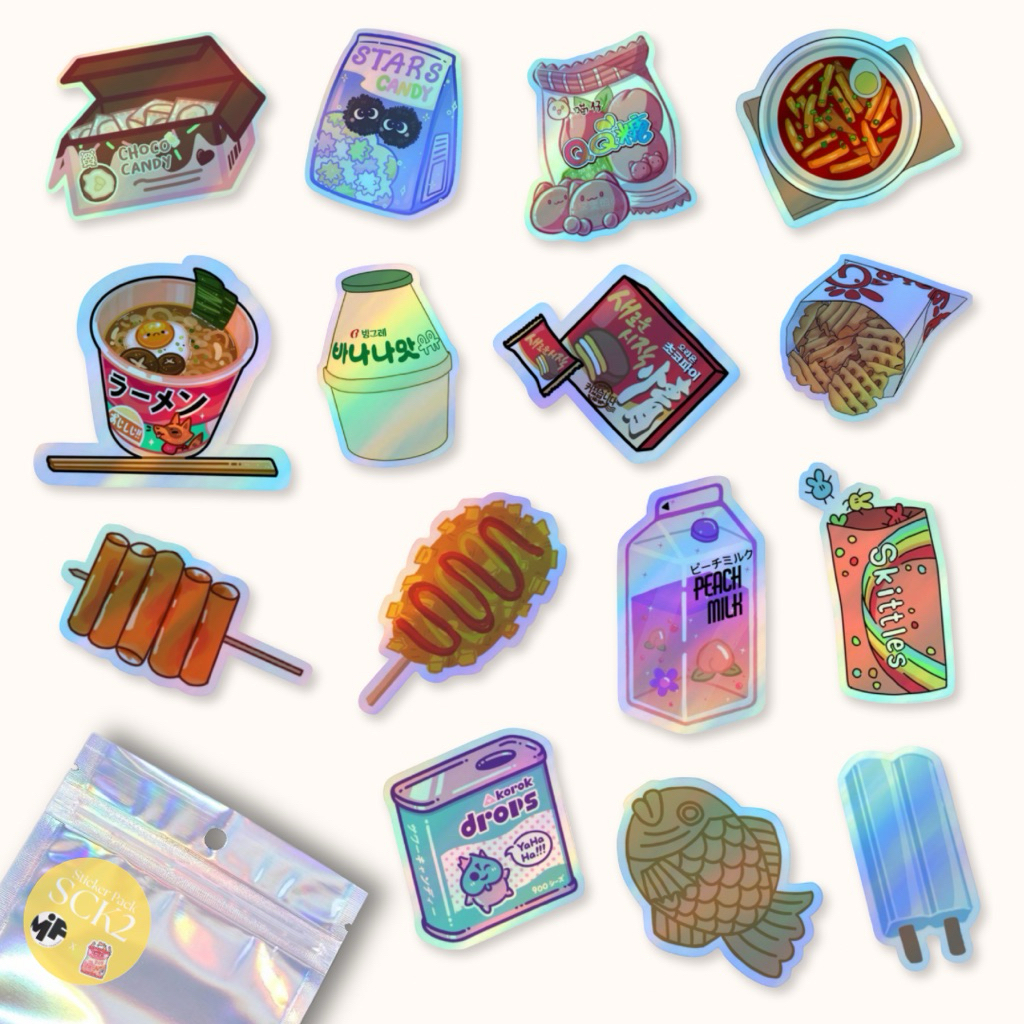

[1 Pack] Sticker Hologram Snack Food Premium Laminasi , Stiker Hologram Food Grocery Snack Aesthetic Isi Banyak Dekorasi Laptop Tumblr Gitar