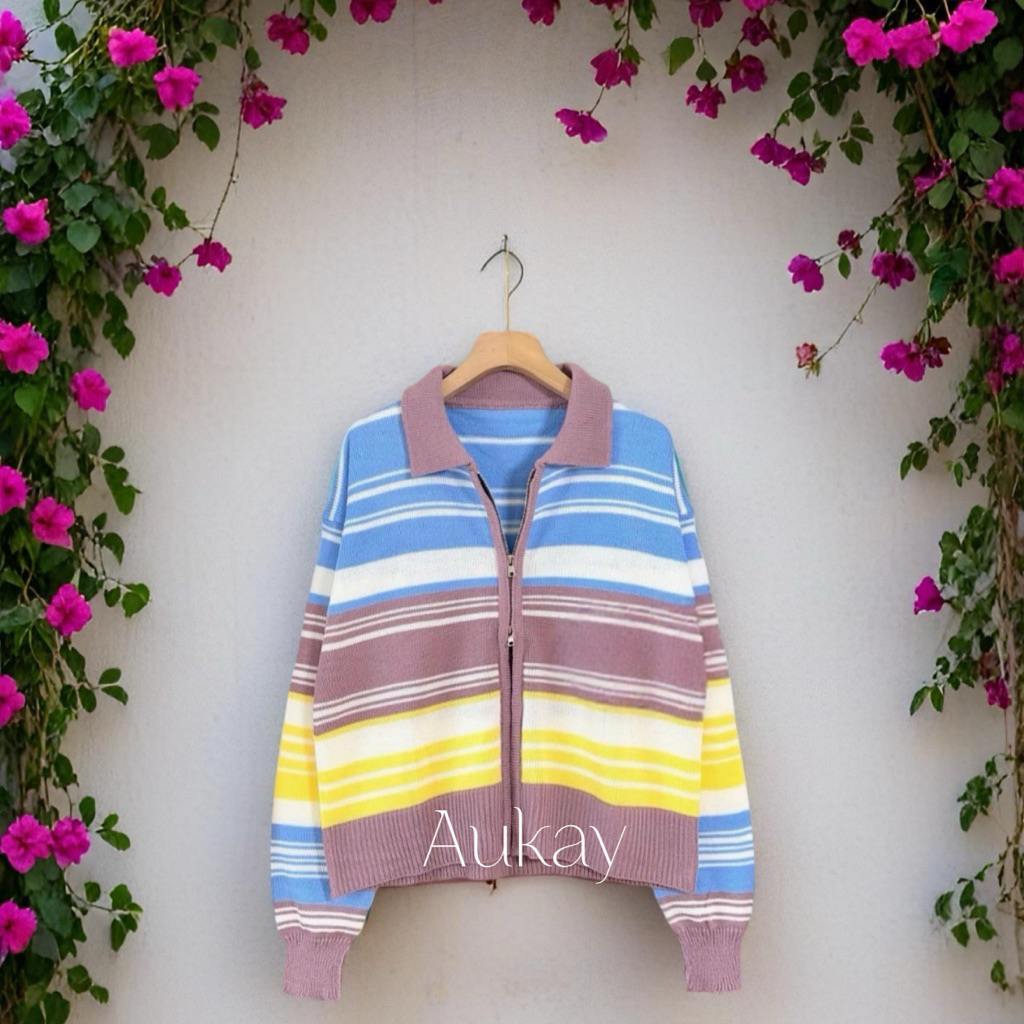 Mega Cardigan Zipper Rajut Pelangi Baju Wanita Berkerah