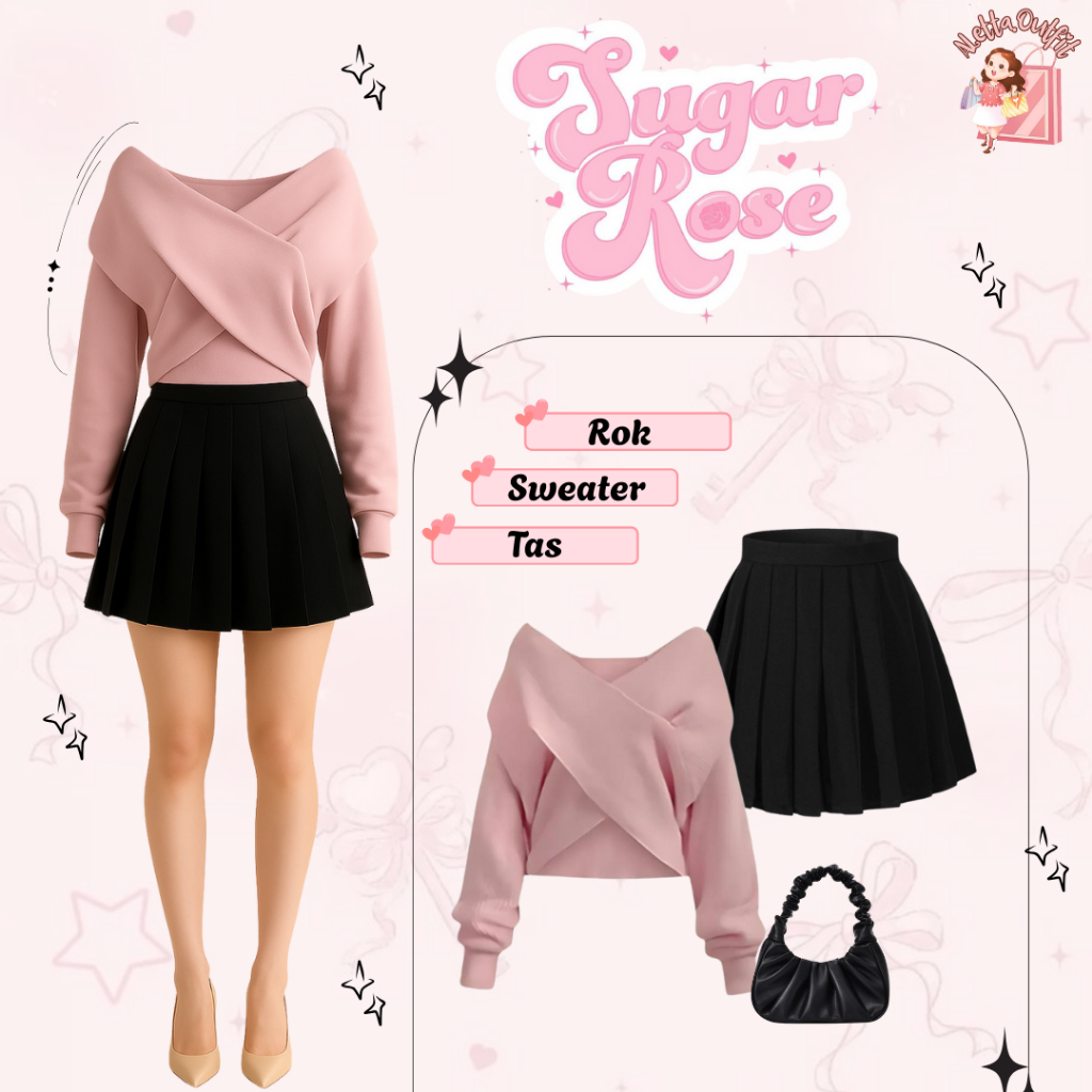 One Set Alice Outfit (Sweater Cross, Rok Pendek, Shoulder Bag) Ootd Korean Style Coquette Kekinian A
