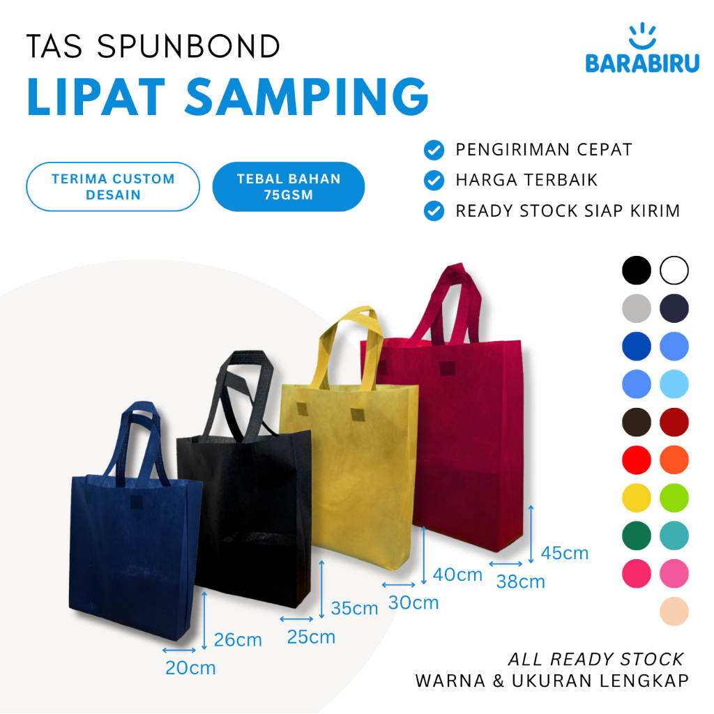 

[ Tas Spunbond ] Goodie Bag 75Gsm Tebal Tali Tote Bag Warna Suvenir 4 Ukuran 25x35 30x40 38x45