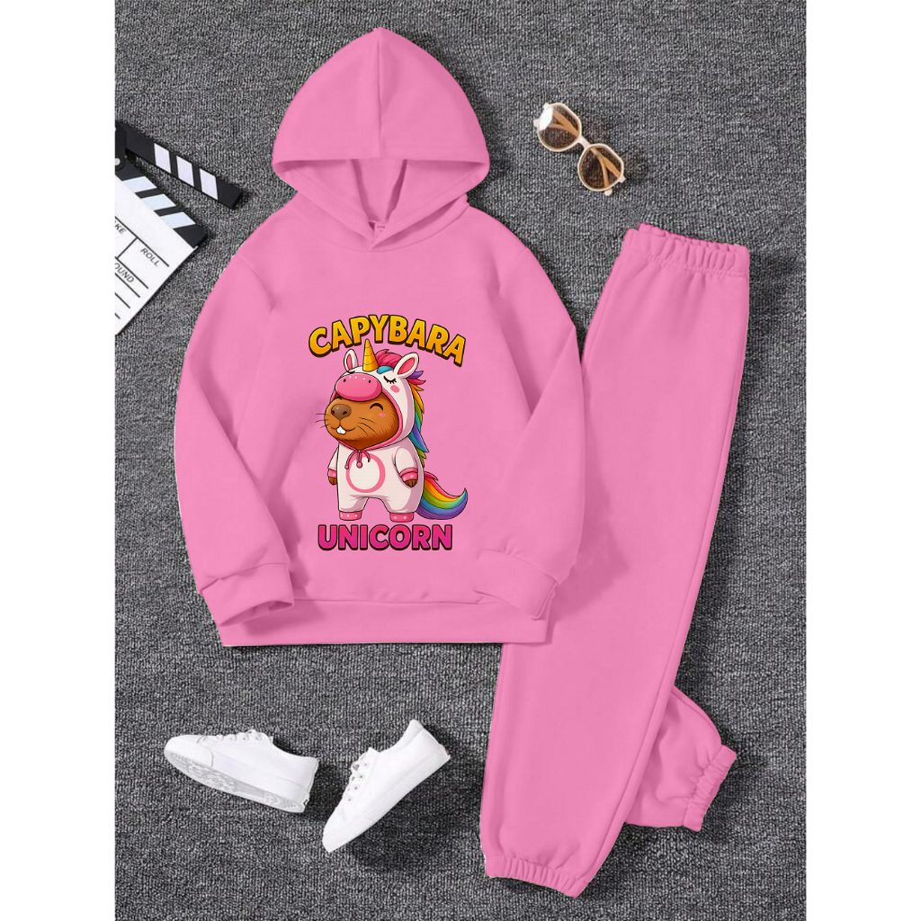GG Setelan Sweater Hoodie Topi Anak Remaja Gambar Capybara Unicorn