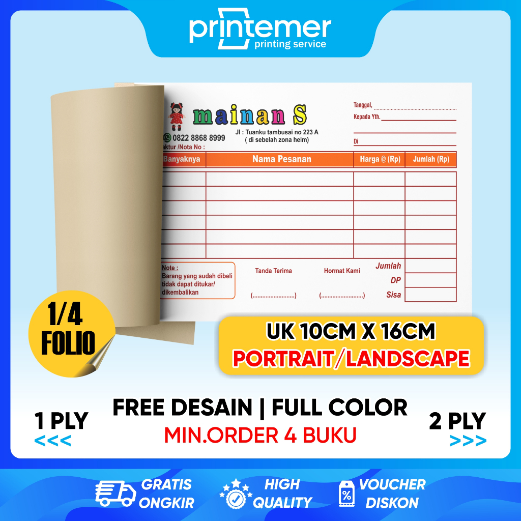 

Nota Toko Mainan/Toy Store Custom Ukuran Standar 1/4 Folio 1 Ply dan 2 Ply