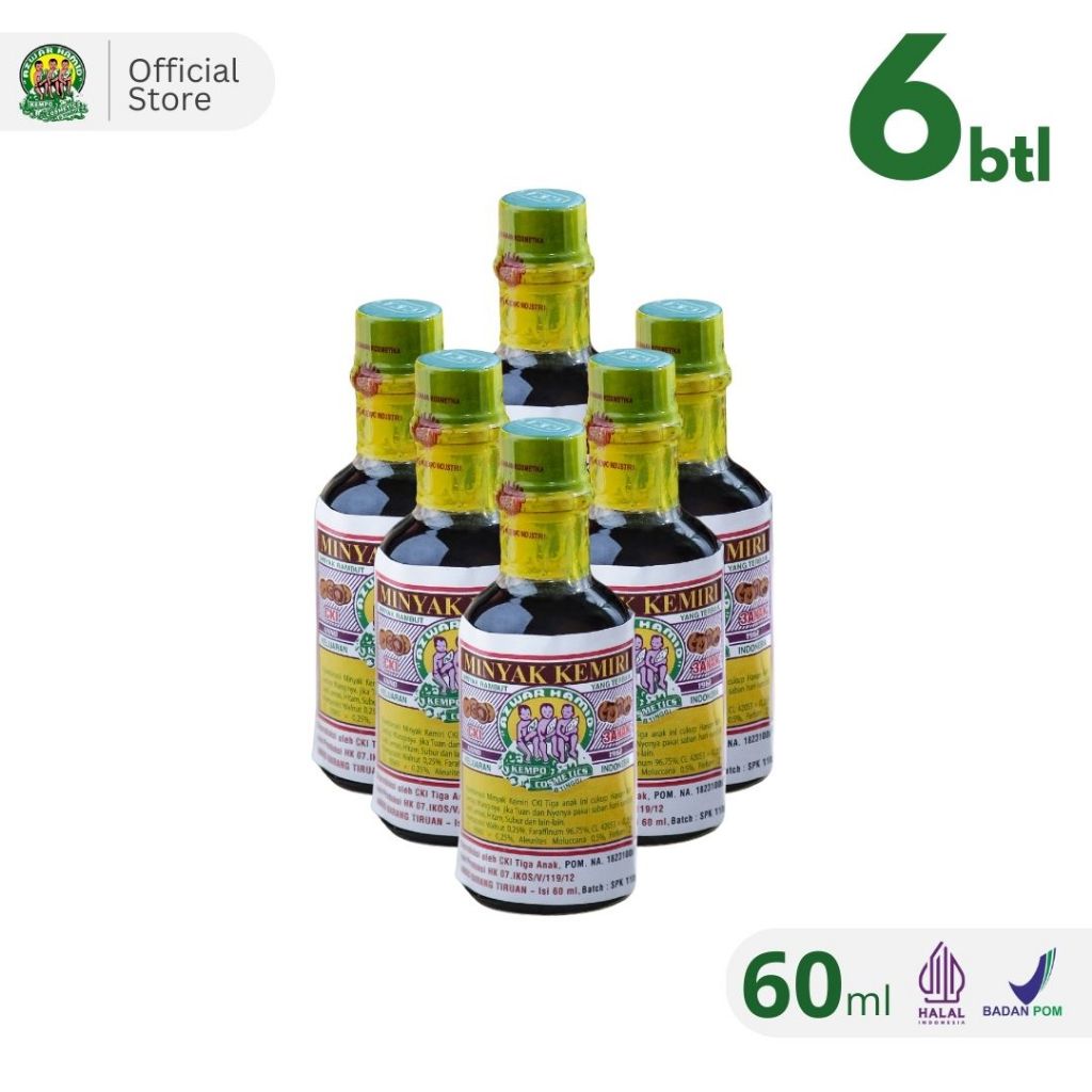 Minyak Kemiri Cap 3 Anak / Minyak Kemiri Penumbuh Rambut Bayi Anak & Dewasa (6 Botol)