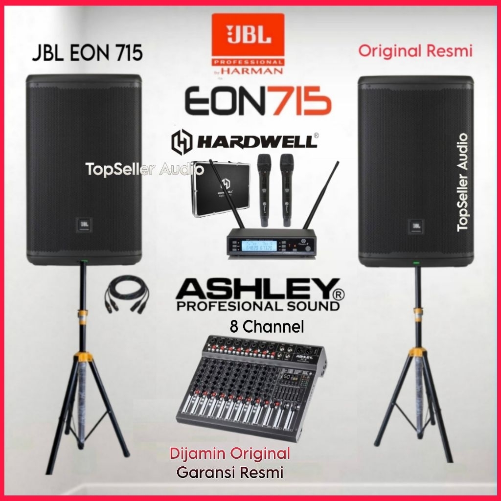 Paket Sound System Speaker Aktif JBL EON 715 Original Mixer Ashley 8 Channel Usb Rekam Bluetooth Mic