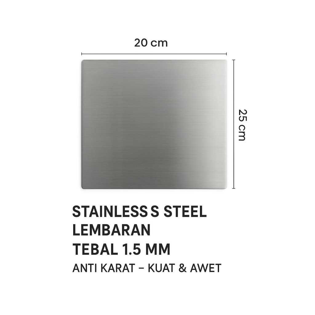 

Plat Stainless Steel Lembaran Tebal 1.5mm Ukuran 20 x 25 cm | Anti Karat Kuat & Awet