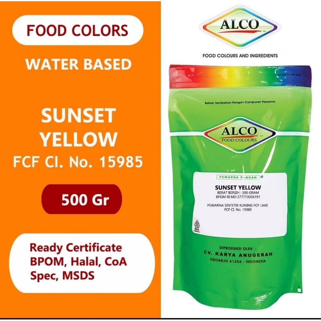 

Pewarna Makanan Kue Bubuk ALCO 500 gr Mixing Colour sunset yellow