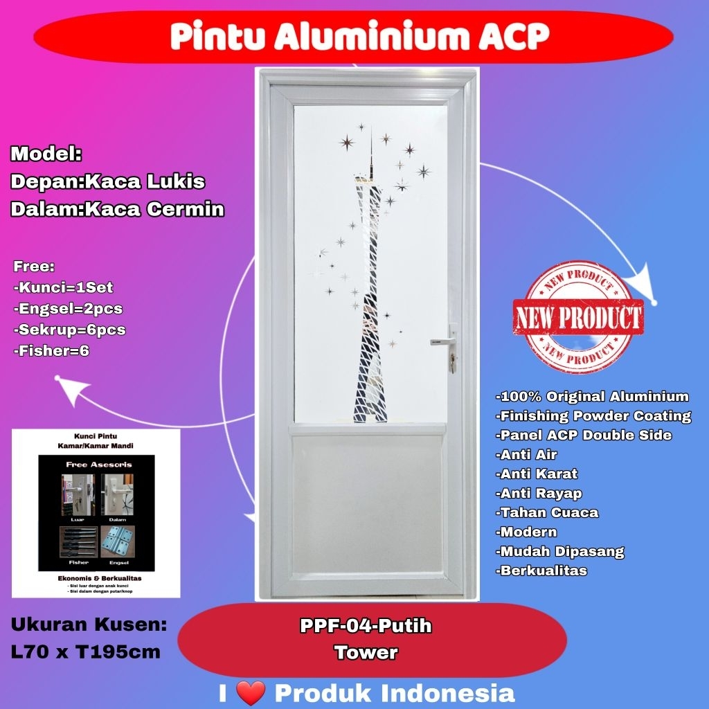Pintu Kamar Mandi Aluminium-Happy Door-PPF 04-3/4 Kaca Lukis Tower-Kaca Cermin Dalam-Putih
