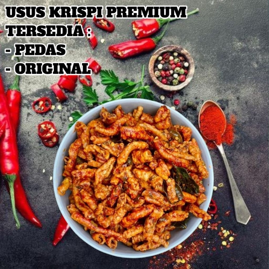 

KRIPIK USUS AYAM CRISPY KRISPI PREMIUM PEDAS ORIGINAL KEMASAN 500 Gr