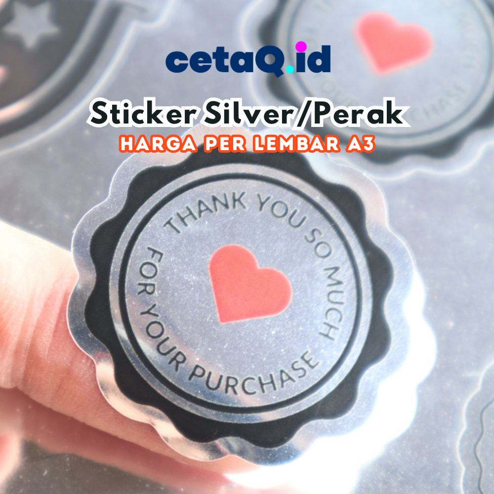 

Cetaq.id Sticker Silver Metalik Glossy Custom A3+, Stiker Perak, Cetak Stiker Label Metalize