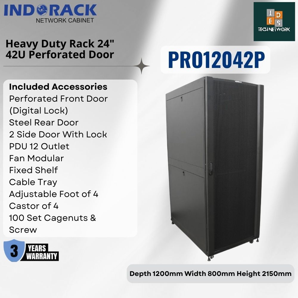 Indorack Heavy Duty PRO12042P 24 Inch Perforated Door 42U Depth 1200mm Rack Server