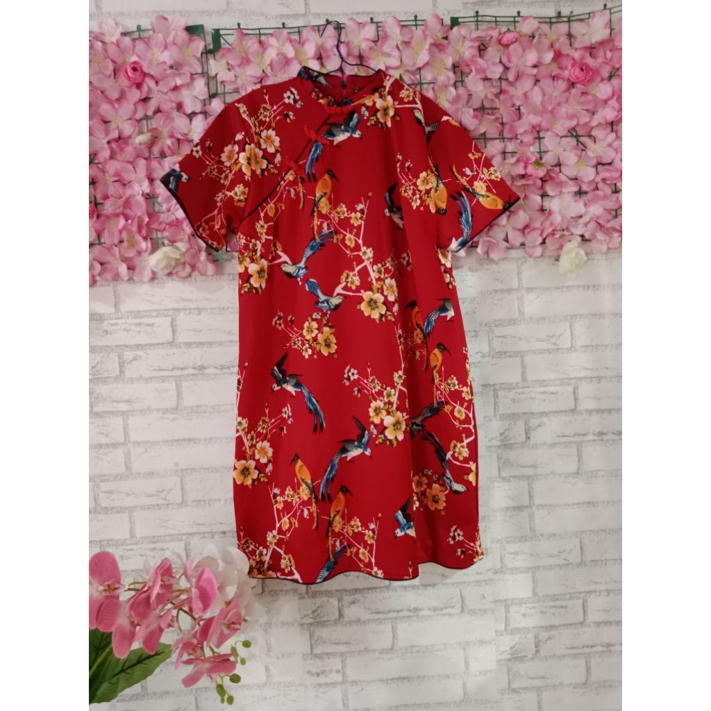 dress cheongsam merah big size/dress bunga/dress merah