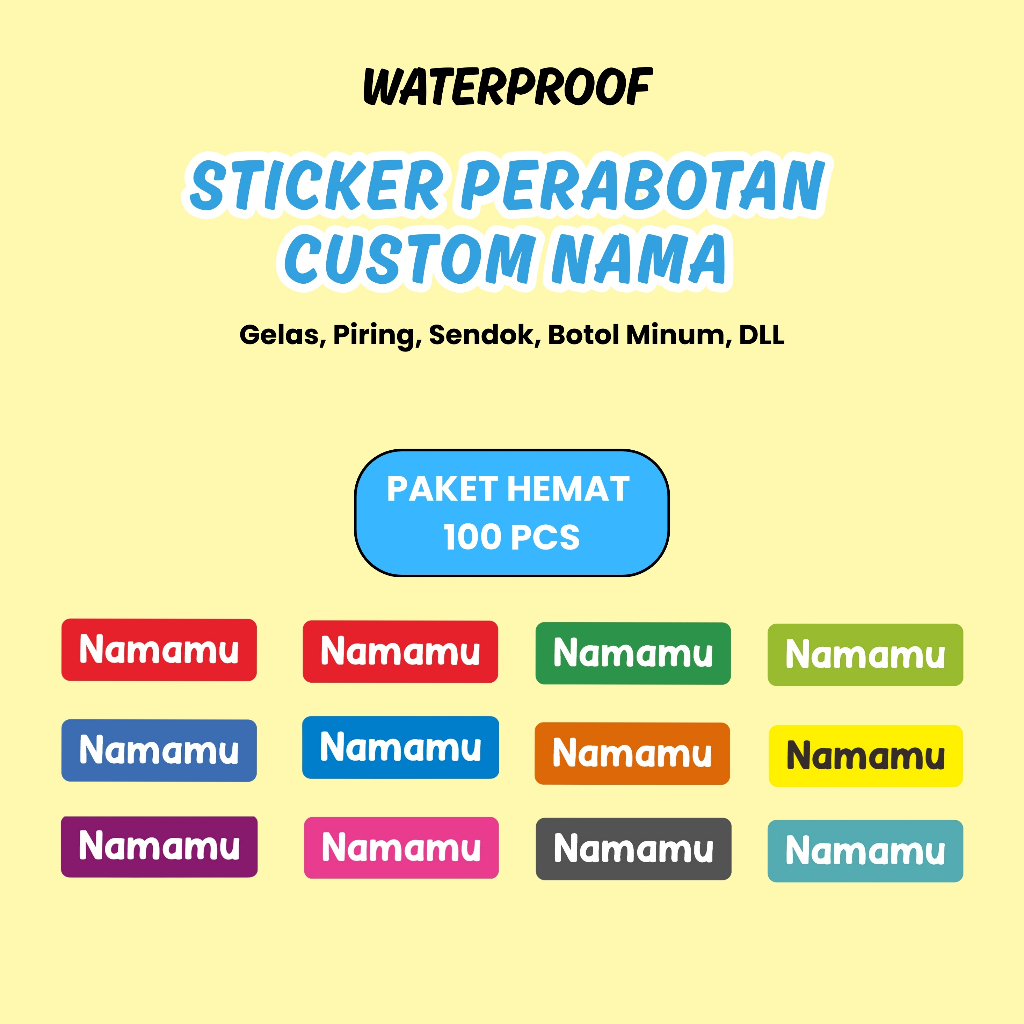 

100Pcs Sticker Custom Nama Piring Sendok Botol Barang Perabotan Stiker Ajaib Waterproof Timbul Label