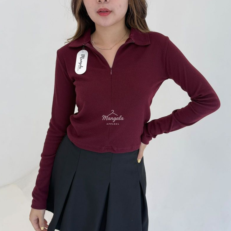 Mangala Zara Top 1921 - Baju Lengan Panjang Wanita Rib Knit Zipper Collar | Crop Top Cewek Slim Fit 