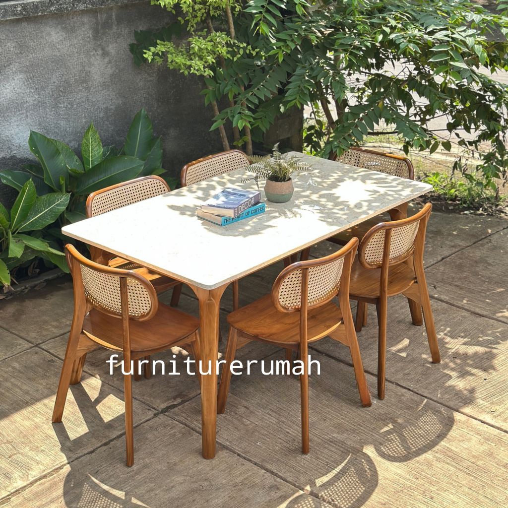 set meja makan marmer 6 kursi rotan kayu jati, meja makan marmer 6 kursi rotan kayu jati