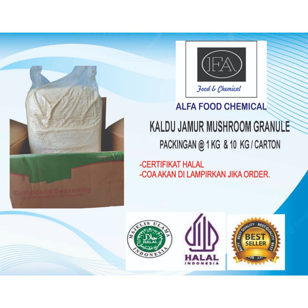 

KALDU JAMUR MUSHROOM GRANULE SEASONING/PENYEDAP RASA JAMUR/MICIN JAMUR/PACKINGAN @ 1 KG DAN @ 10 KG BERSERTIFIKAT HALAL