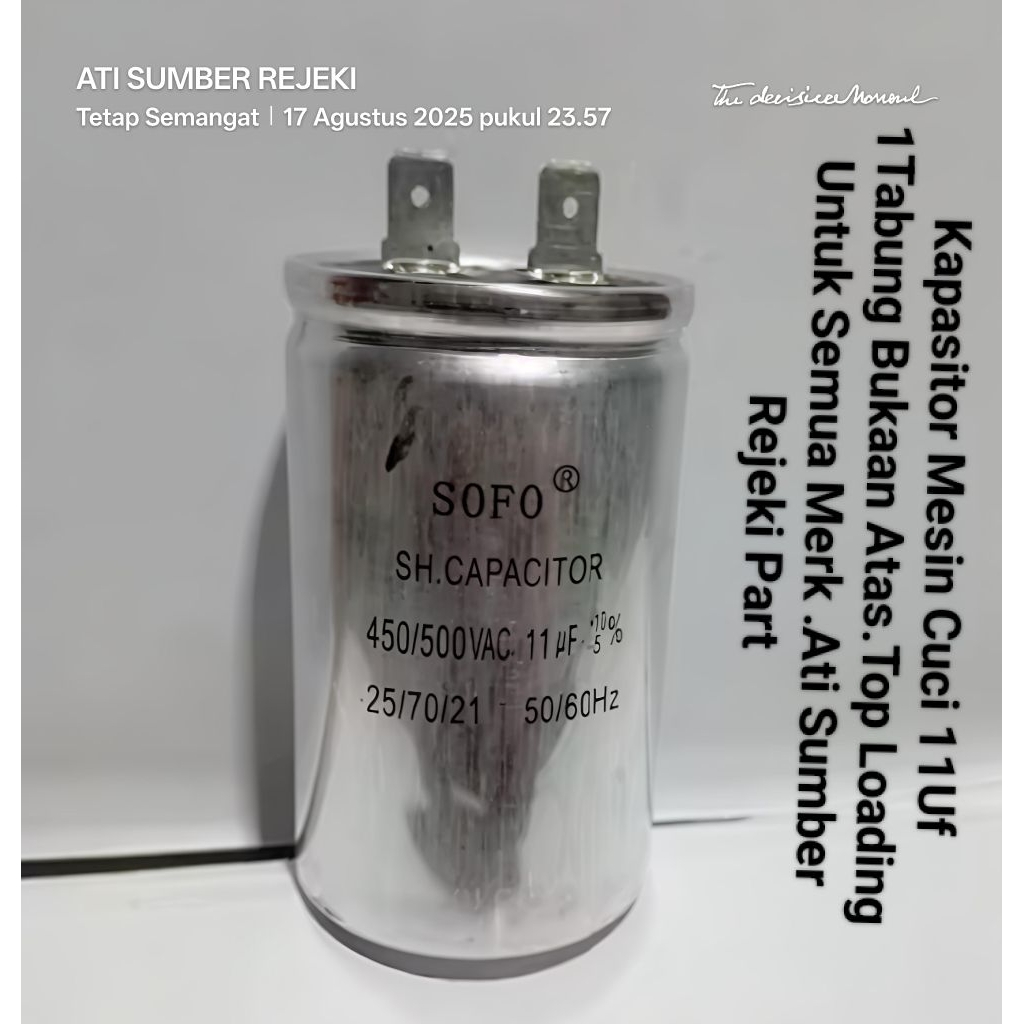 Kapasitor Mesin Cuci 11Uf 1Tabung Bukaan Atas.Top Loading Untuk Semua Merk