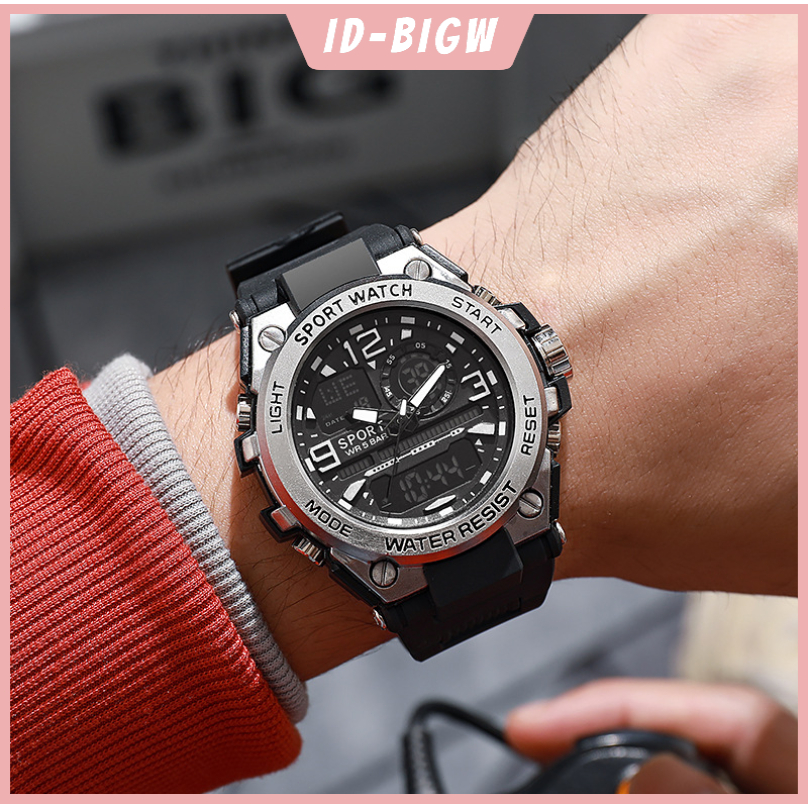 Jam Tangan Pria Digital&Analog Olahraga Multifungsi Tali Silikon Jam Tangan Cowok Unik Dan Keren Mew