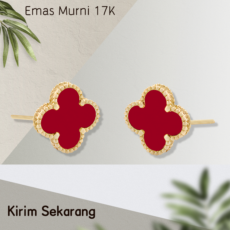 Anting Wanita, Anting Pejantan Batu Permata Batu Akik Merah Semanggi Empat Daun Emas 17K, Anting Tin