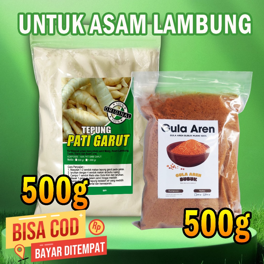 

TEPUNG GARUT UNTUK ASAM LAMBUNG 500gram + GULA AREN BUBUK 500gram