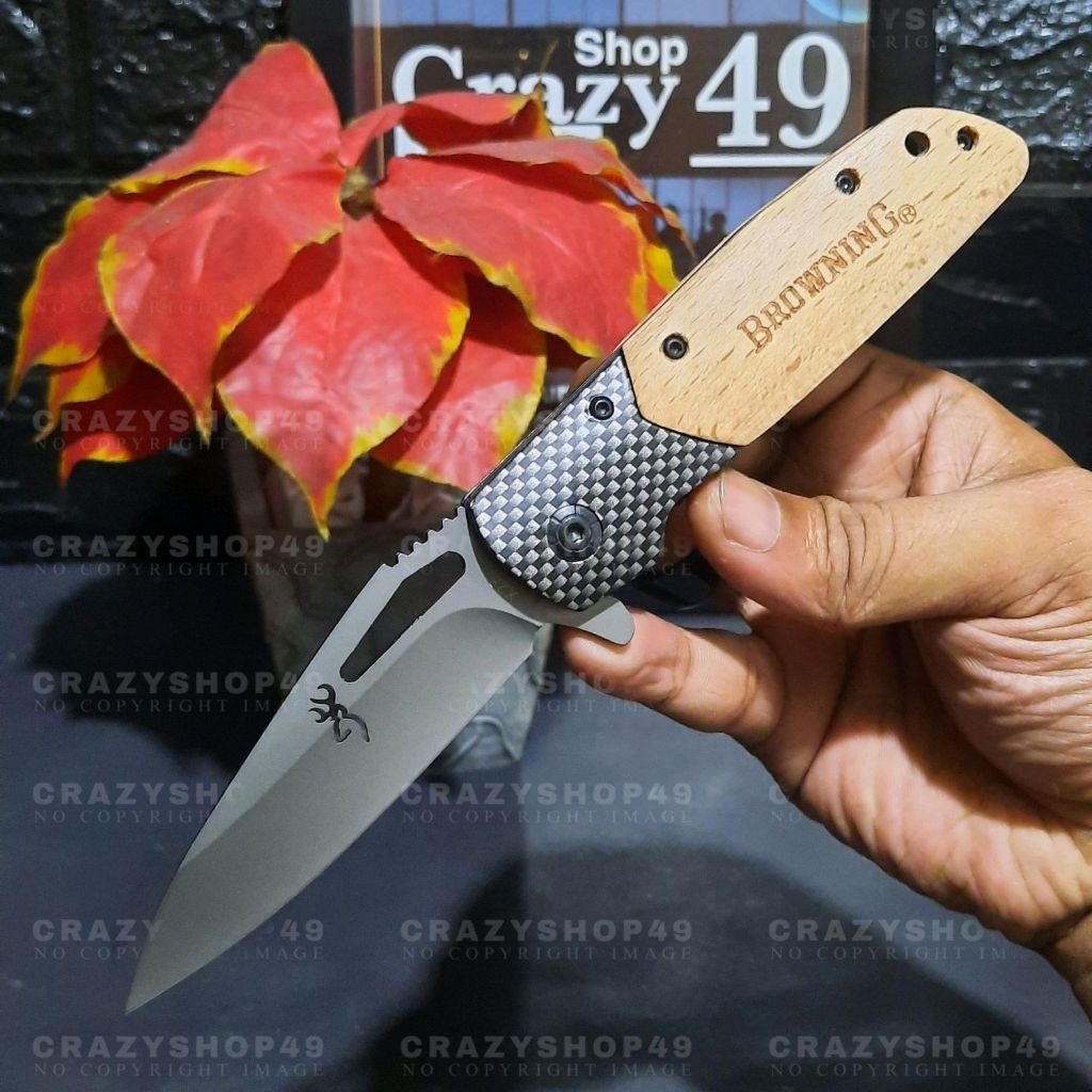 Pisau Survival Lipat Browning X28 Titanium Solid Steel Gagang Kayu Ergonomis