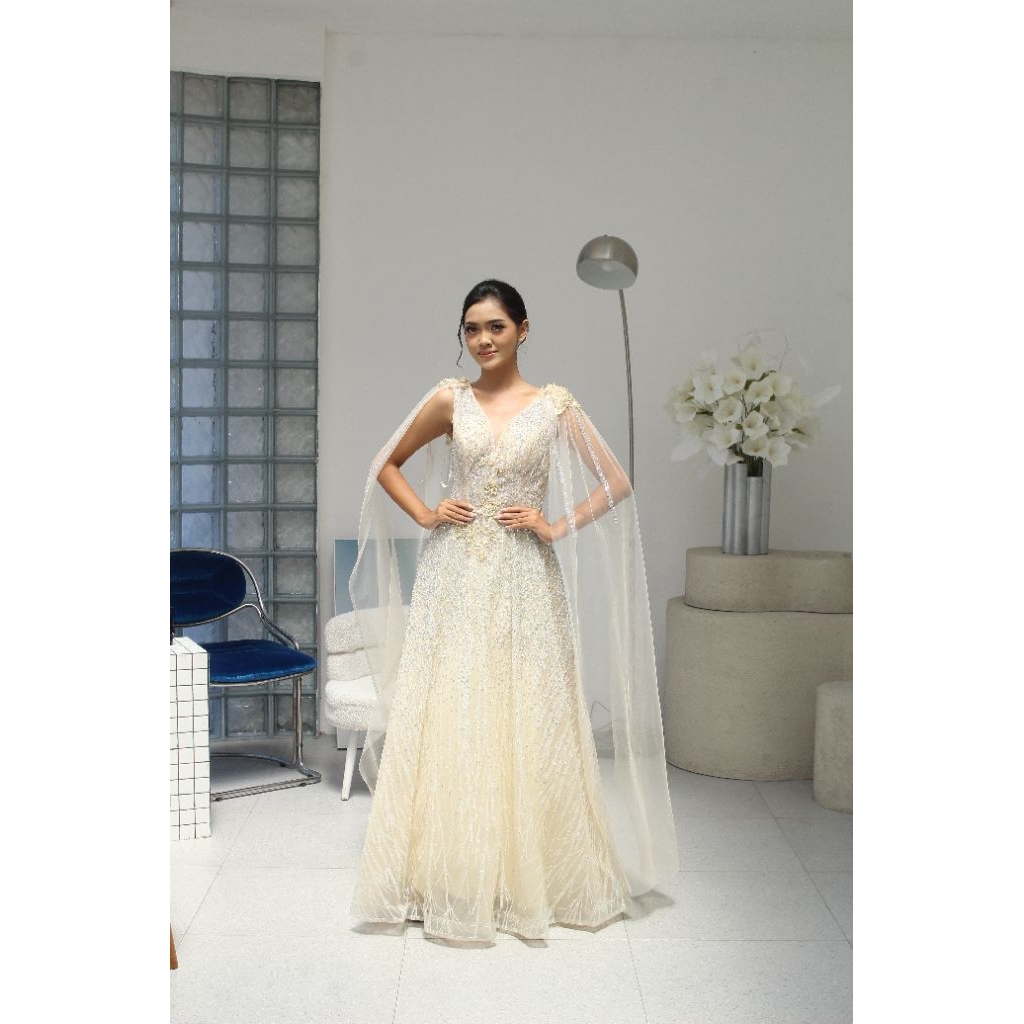 Long Dress Pesta Gold Glamour belahan tinggi - Mady Champagne Sparkle Dress
