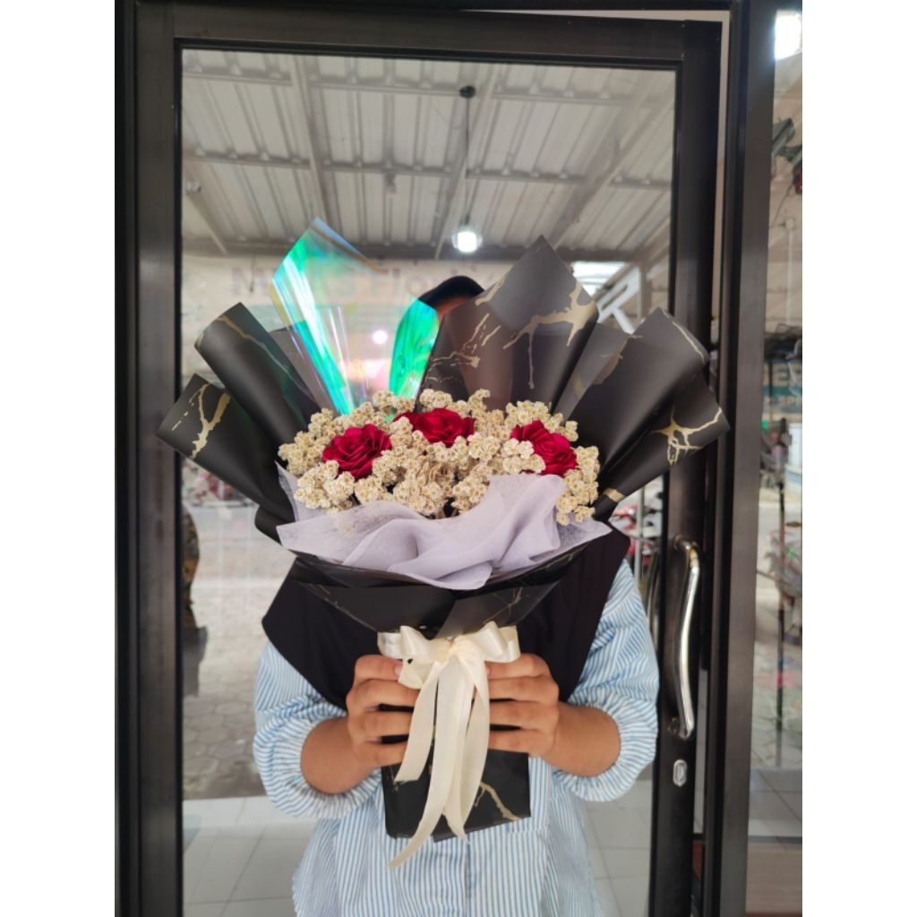 [READY STOCK] Buket bunga edelweis mix satin / Buket edelweis / buket wedding /buket buat lamaran / 