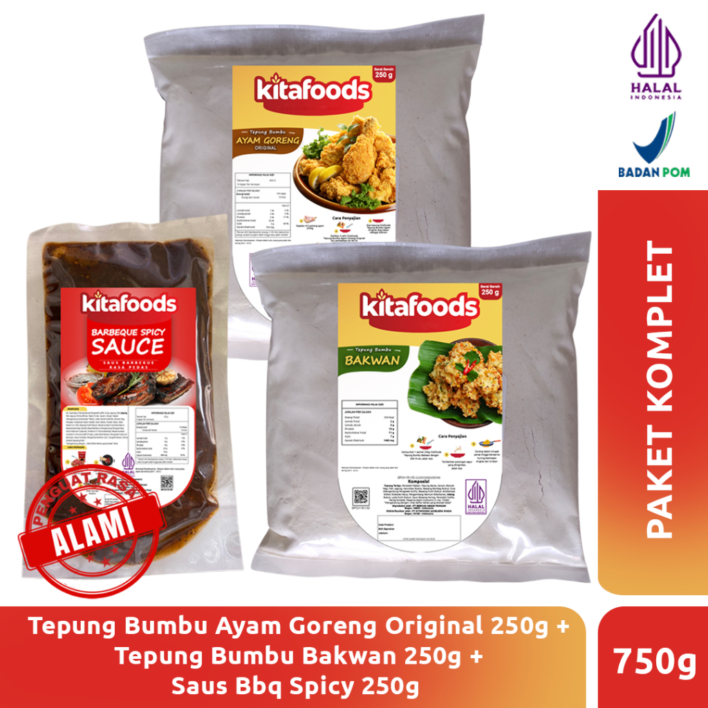 

Kitafoods Paket Komplit 2 ( tepung ayam goreng ori 250gr+ Tepung Bakwan 250gr + BBQ spicy sauce 250gr ) Tanpa Penguat Rasa