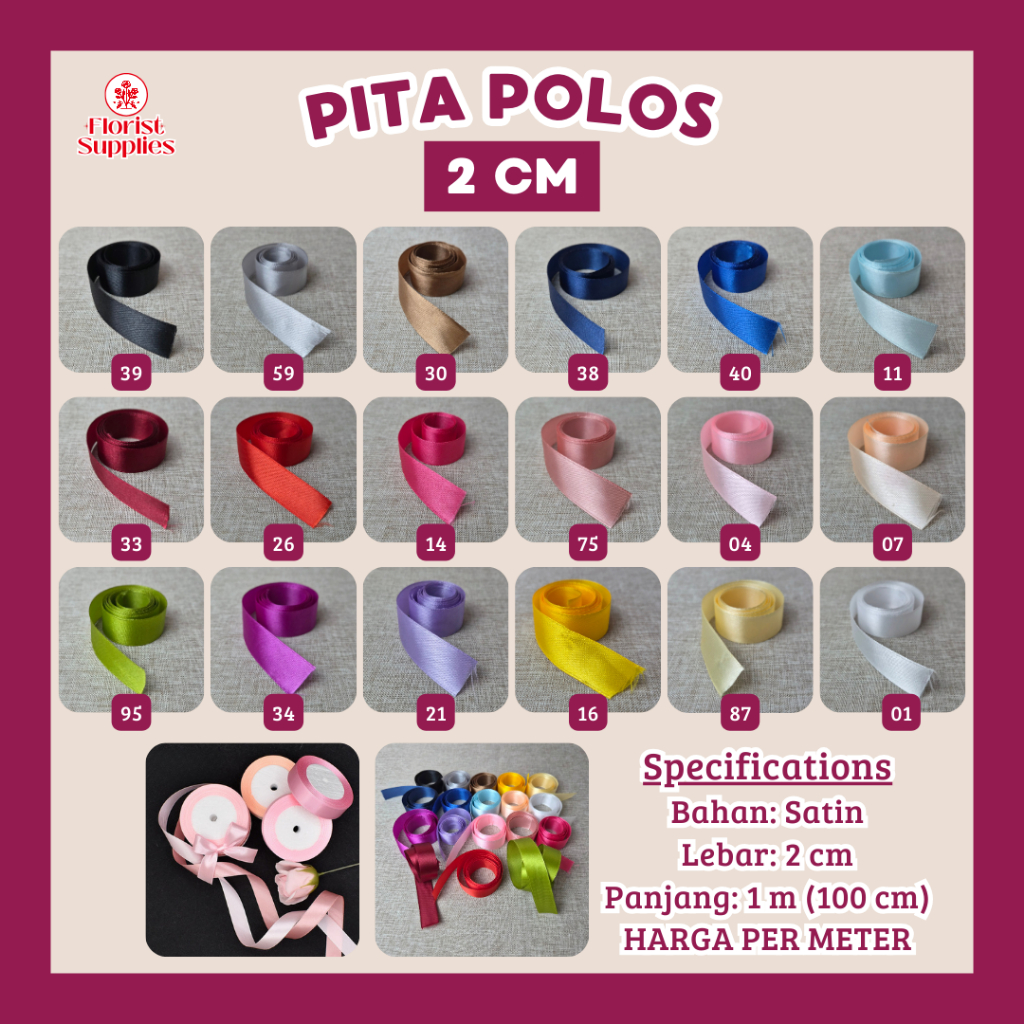 

[PER METER] Pita Satin Polos 2 CM Ecer Satin Silk Ribbon 2 CM 3/4 Inch Pita Buket Bunga Pita Hiasan