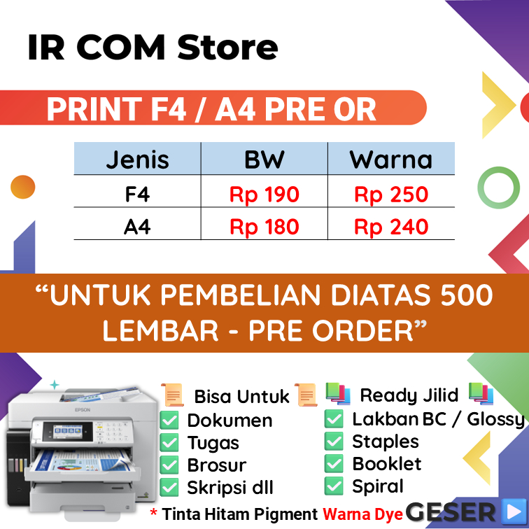 

Print A4/F4 75 dan 80 gsm Ribuan Lembar Murah