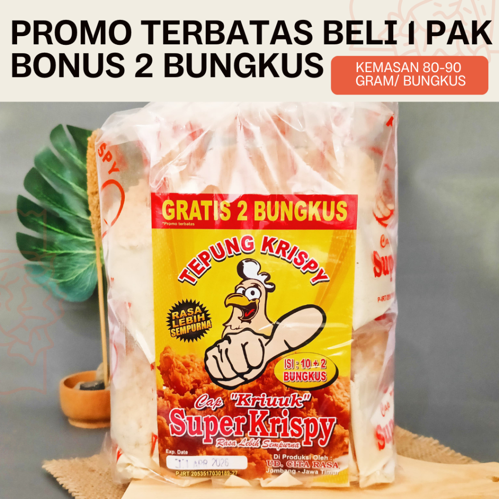 

Tepung Kriuk Super Crispy Renyah Murah untuk Semua Jenis Olahan Crispy/ PROMO TERBATAS BELI 1 PAK FREE 2 BUNGKUS