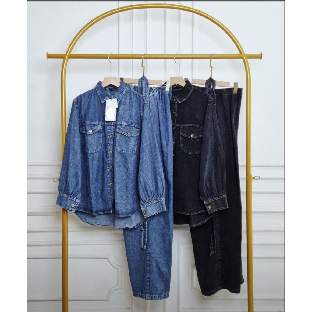 Set Celana + Kemeja Jeans Lyly Matt Jeans Oneset Wanita