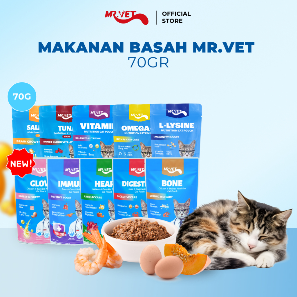 Mr. Vet Cat Pouch - Makanan Basah 70g Vitamin, Omega-3 dan L-Lysine, samol, tuna, glow, bone, digest