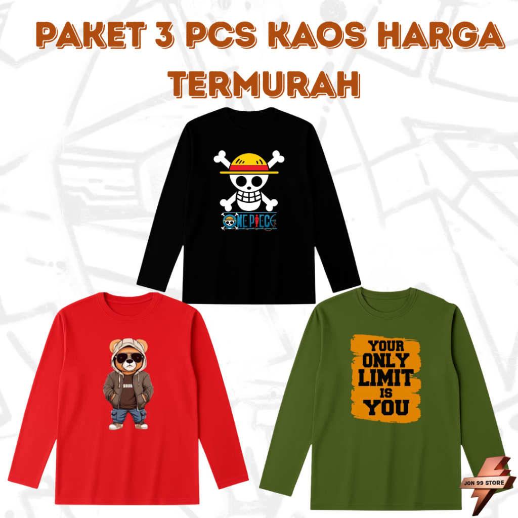 Paket 3 Pcs Kaos Lengan Panjang Pria Wanita Premium Distro Unisex Motif One Piece / Cartoon / Quote 