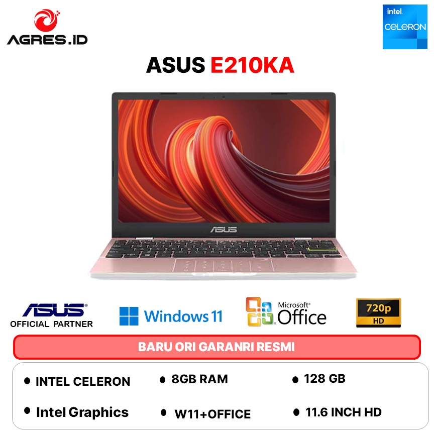 ASUS E210KA N4500 8GB 128GB W11+OHS+O365 11.6 ROSE PINK -HD4412M GARANSI RESMI INDONESIA