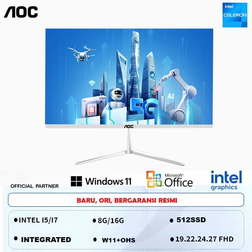 AOC Komputer Full PC All-in-One 19‘ 22’ 24‘ Baru Terbaru HD Super Tipis Intel Core i3/i5/i7 Untuk Ru
