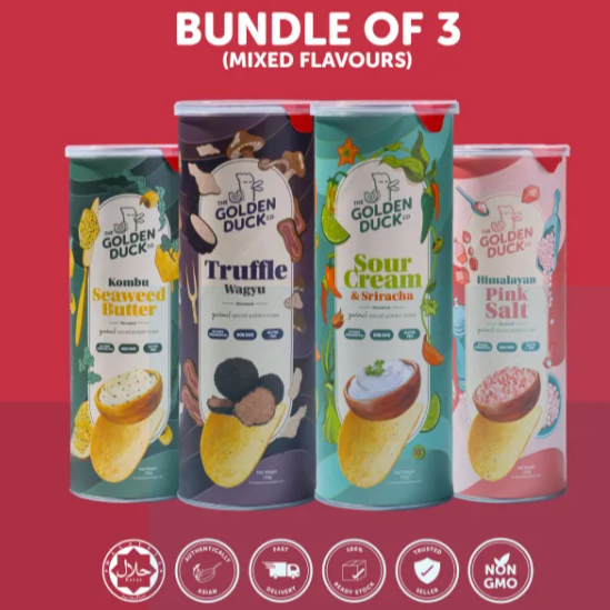 

BUNDLE OF 3 The Golden Duck Spiced Potato Crisps Gourmet Chip Canister 125g (Truffle Wagyu / Kombu Seaweed Butter / Sour Cream & Sriracha / Himalayan Pink Salt) Snack